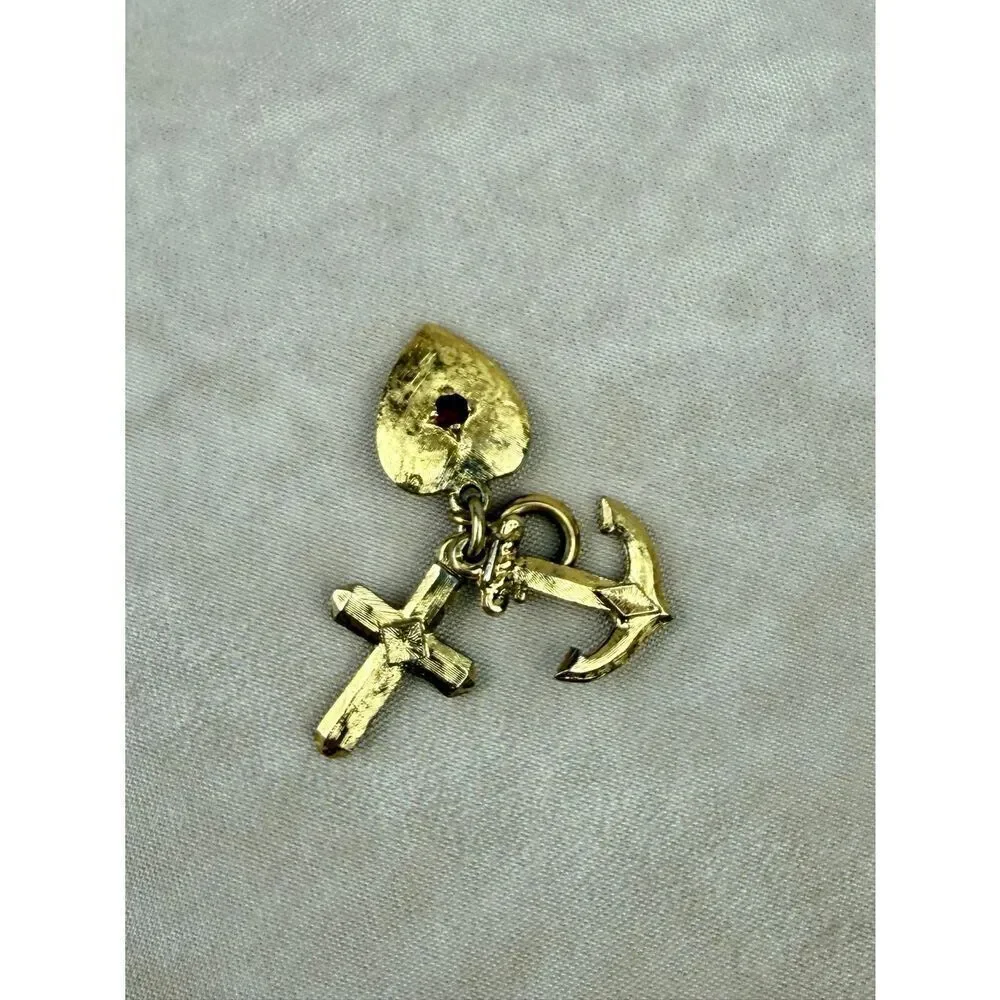 Vintage Gold Tone Faith Hope and Charity Cross Charm Pendant